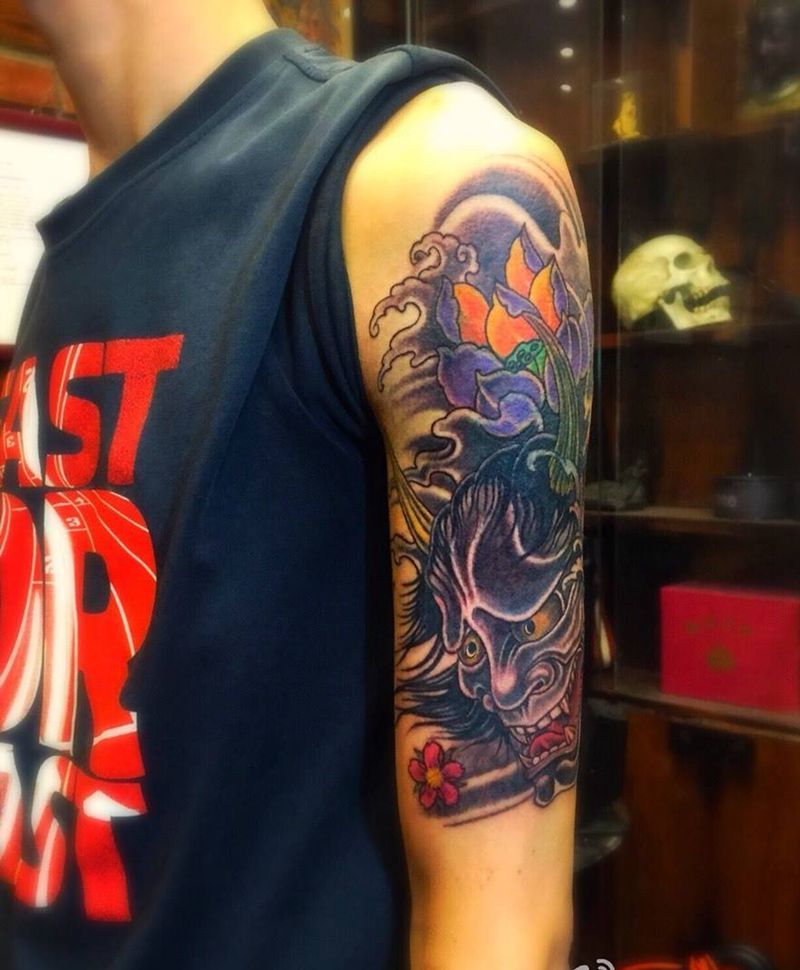 般若莲花纹身图片_成品手臂传统大臂遮盖鬼神纹身图案