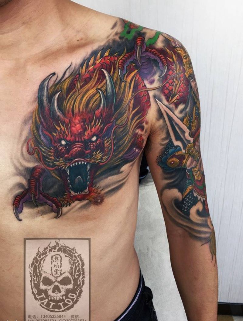 赤龙赵云纹身图片_成品胸部手臂传统人物动物神兽纹身图案