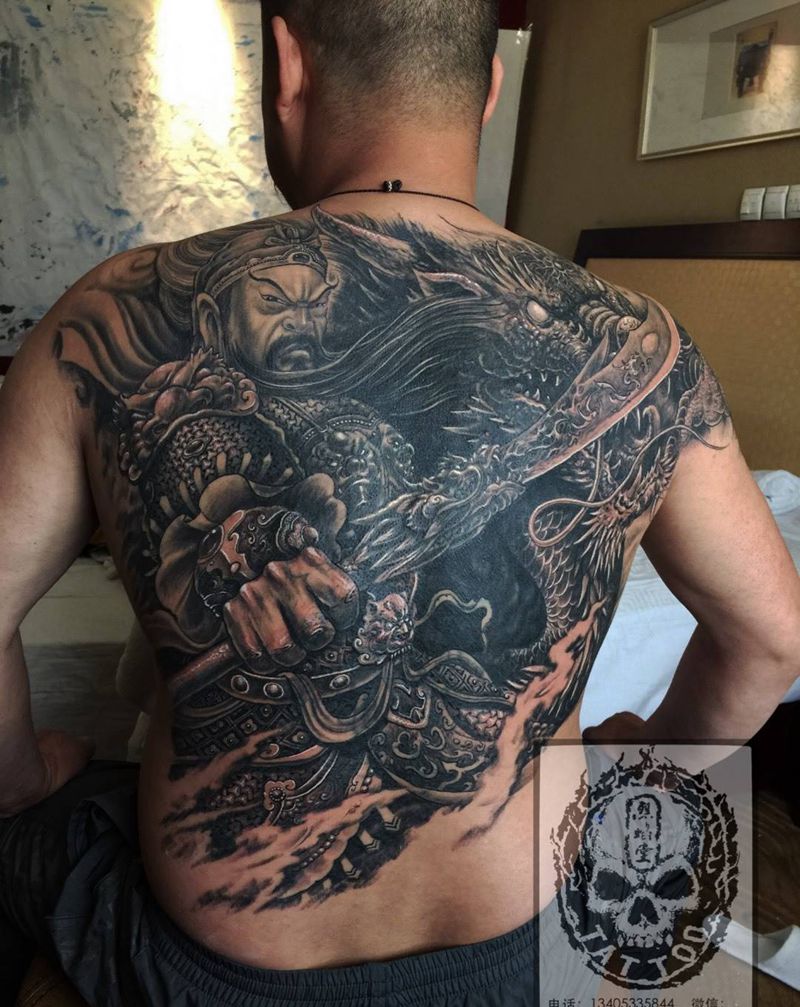 神龙关公纹身图片_背部传统原创遮盖作品修改宗教人物纹身图案