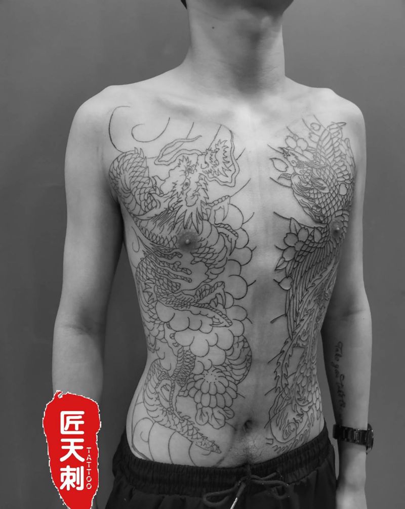 龙凤开衫纹身图片_胸部腹部老传统新传统纹身图案