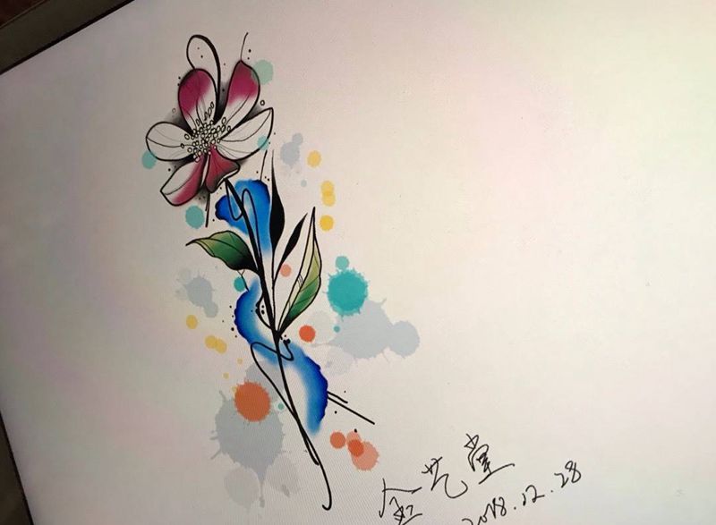 水彩花儿纹身图片_肩部腿部水彩水墨彩色花儿小清新纹身图案