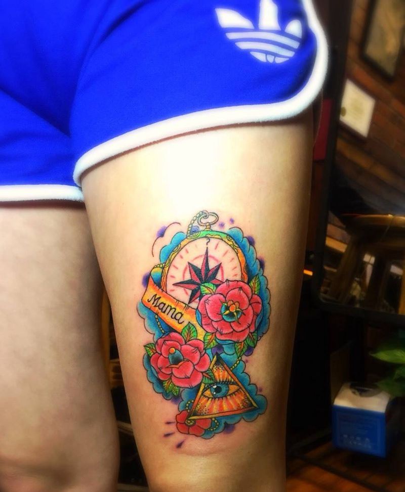 上帝之眼纹身图片_成品腿部欧美宗教植物纹身图案