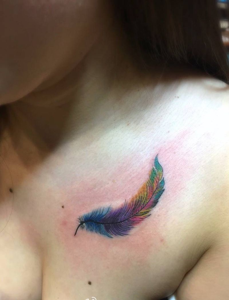 羽毛纹身图片_成品胸部欧美动物水墨纹身图案