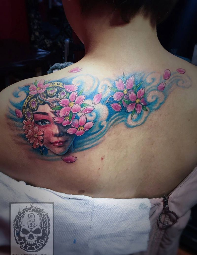 青衣纹身图片_成品背部原创人物遮盖作品欧美传统纹身图案