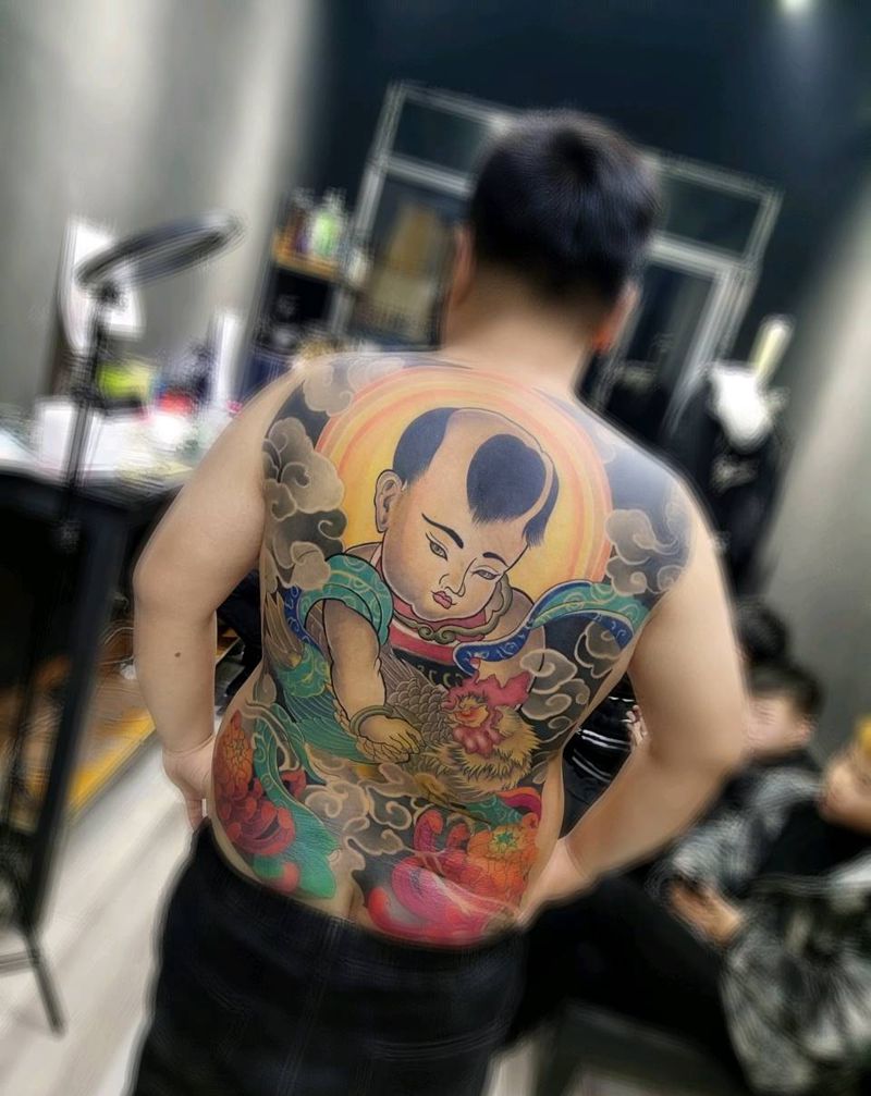 福娃纹身图片_背部新传统人物纹身图案