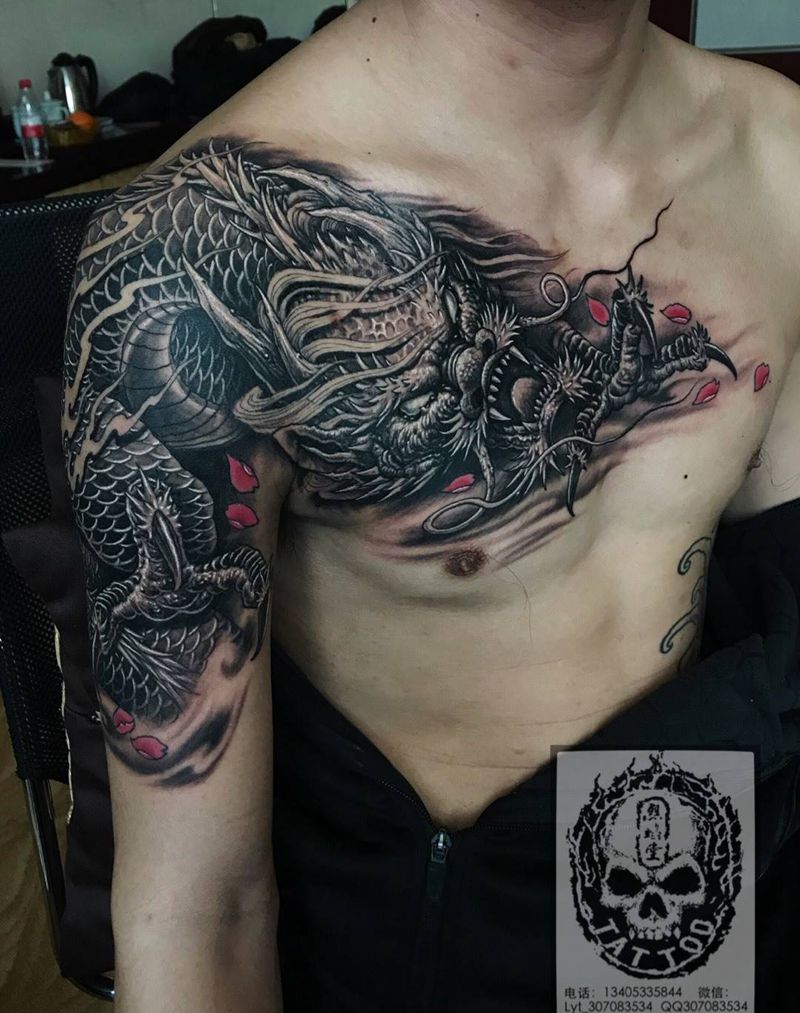 过肩龙纹身图片_成品胸部肩部传统神兽动物纹身图案