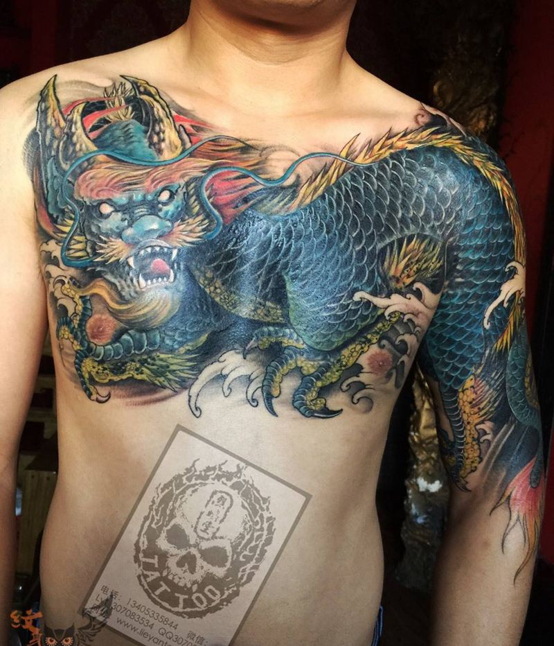 遮盖过肩龙纹身图片_成品肩部胸部手臂传统原创动物宗教遮盖作品修改纹身图案