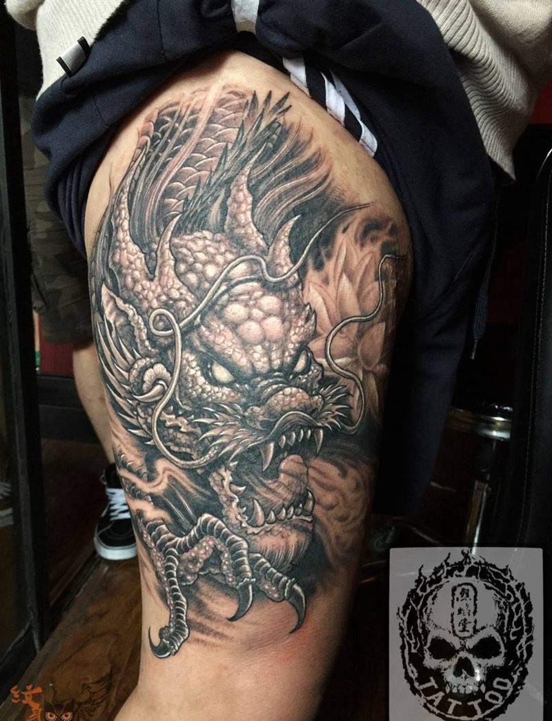 莲花霸龙纹身图片_成品腿部传统欧美动物原创宗教纹身图案
