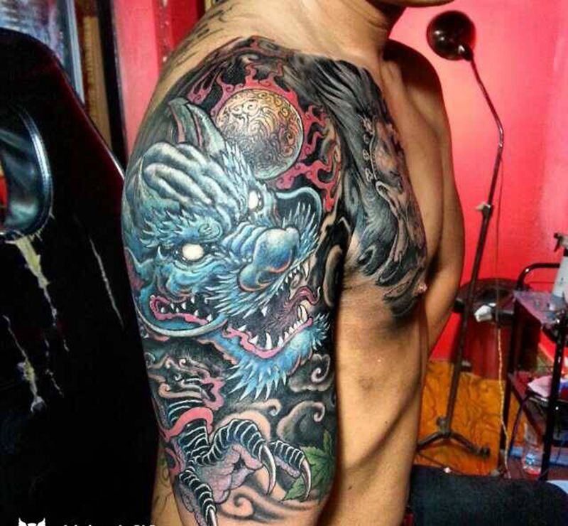 龙 大黑天纹身图片_成品肩部传统动物原创神兽遮盖作品宗教鬼神纹身图案