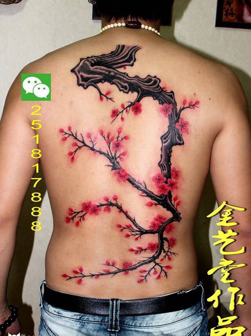 梅花纹身图片_成品背部传统植物纹身图案