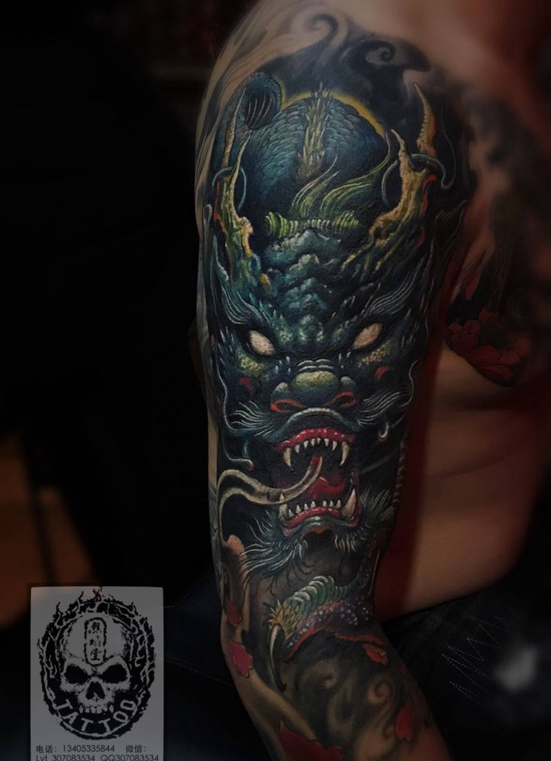 暴力遮盖 青龙纹身图片_成品手臂传统遮盖作品修改神兽动物纹身图案