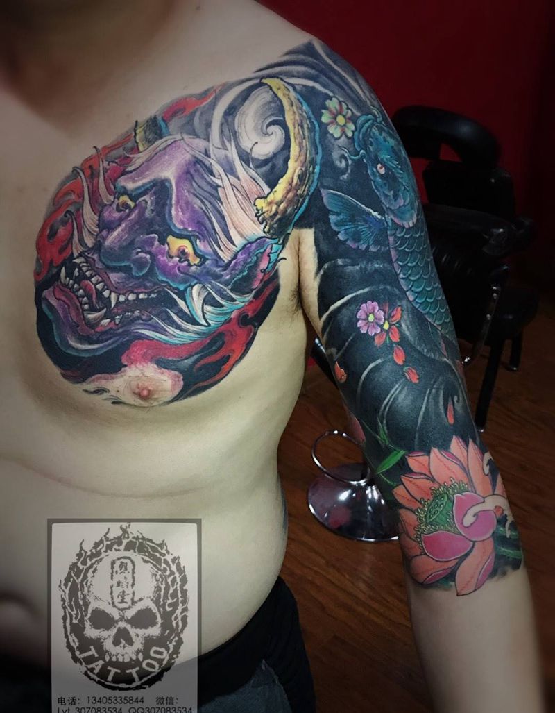 暴力遮盖纹身图片_成品胸部手臂传统鬼神遮盖作品修改纹身图案