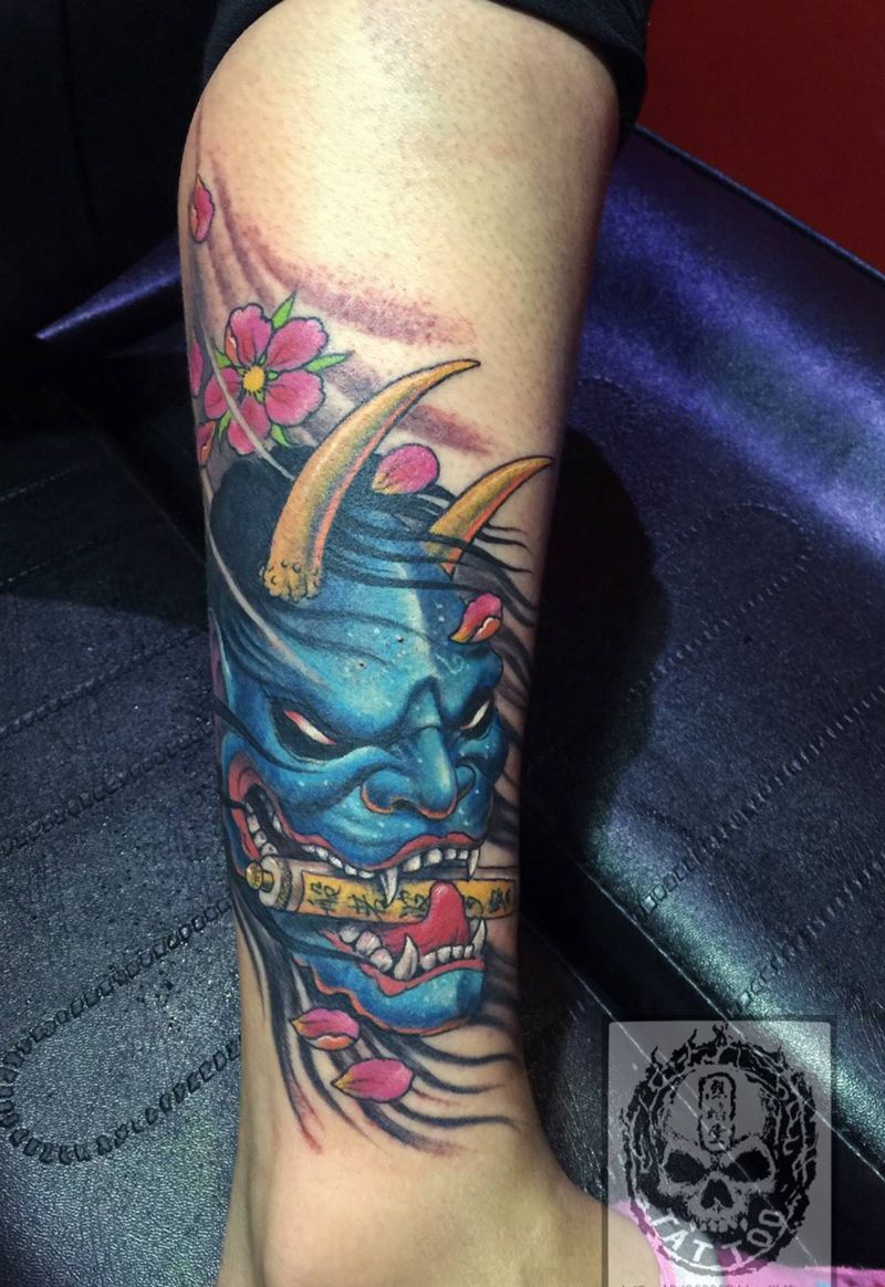 般若纹身图片_成品腿部传统原创鬼神纹身图案