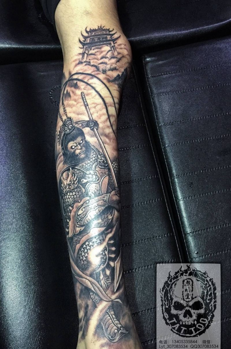猴子大战三太子纹身图片_成品腿部传统原创鬼神宗教人物纹身图案