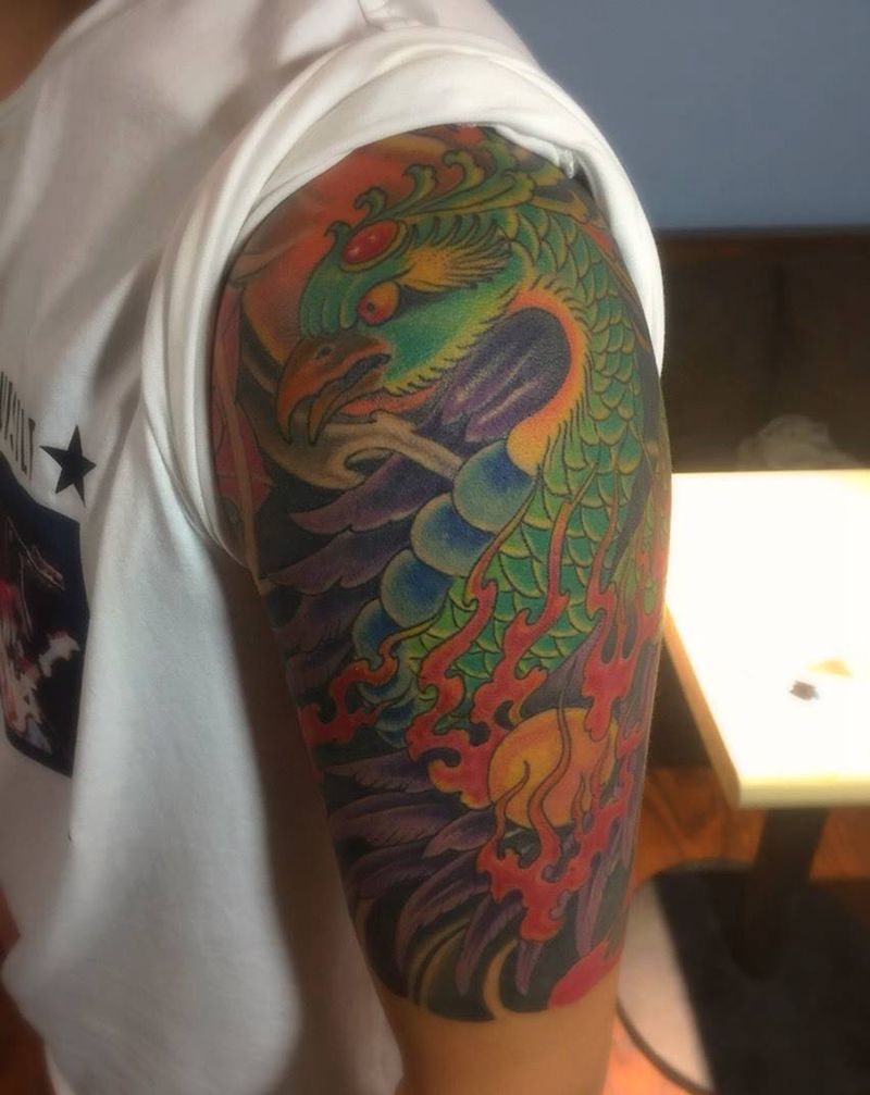 朱雀纹身图片_成品手臂传统动物大臂纹身图案