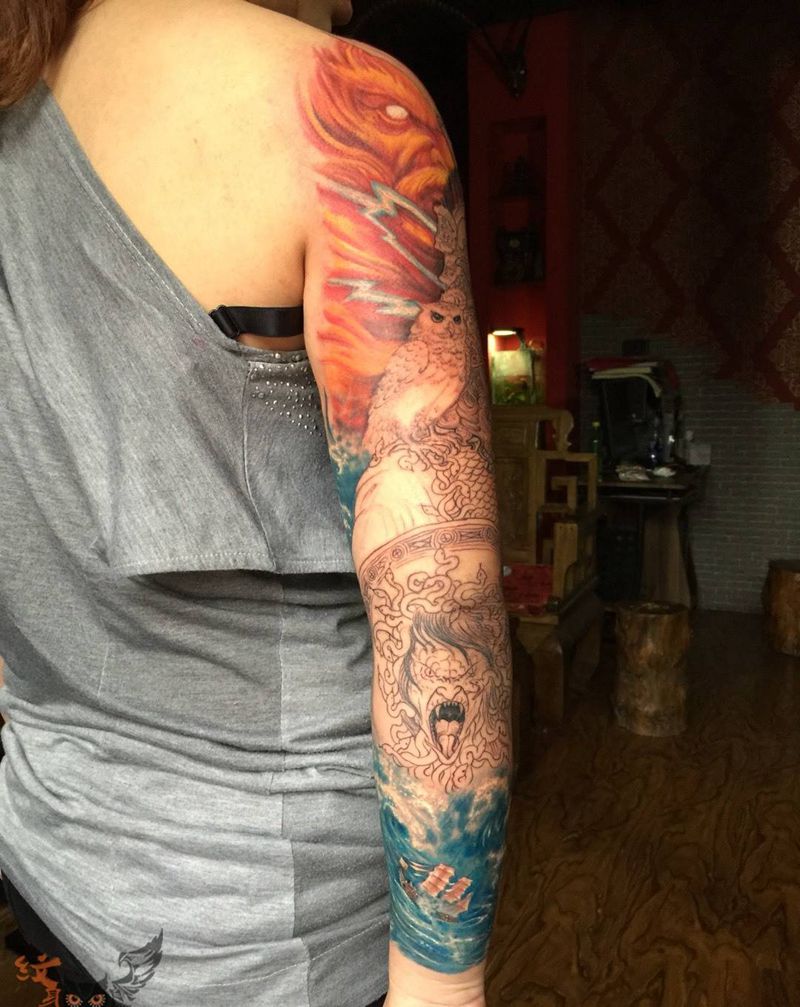 西方神话花臂纹身图片_手臂欧美原创鬼神宗教人物纹身图案