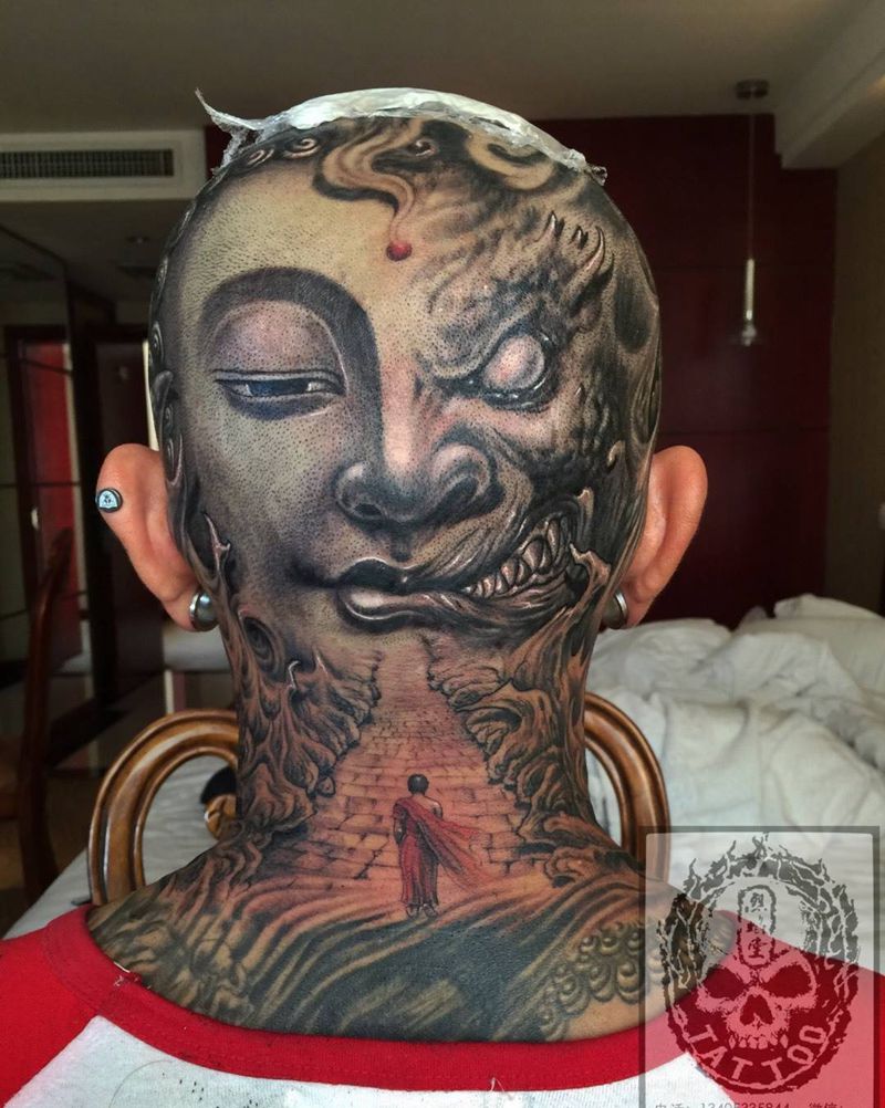 包头纹身图片_成品颈部欧美传统肖像写实原创人物鬼神纹身图案