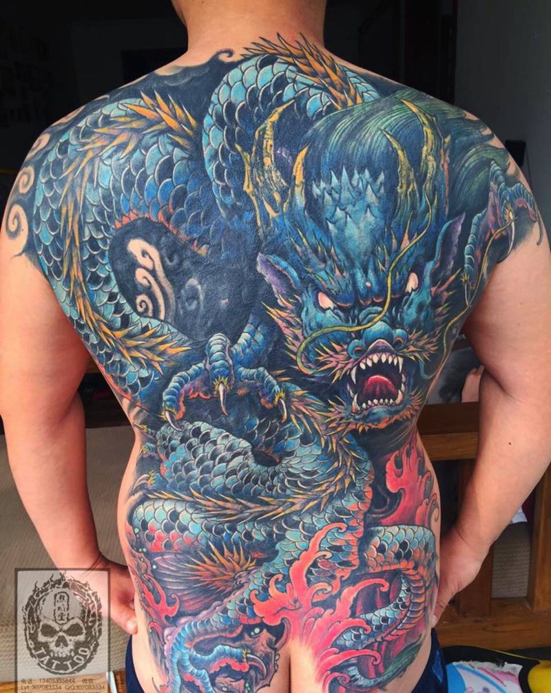 恢复后遮盖大龙纹身图片_成品背部传统动物原创图腾神兽遮盖作品修改纹身图案