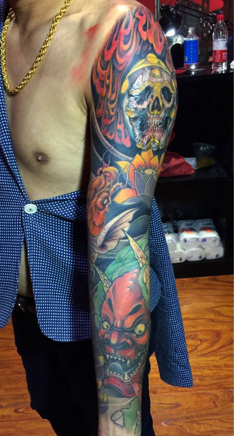 般若花臂纹身图片_成品手臂传统原创宗教遮盖作品纹身图案