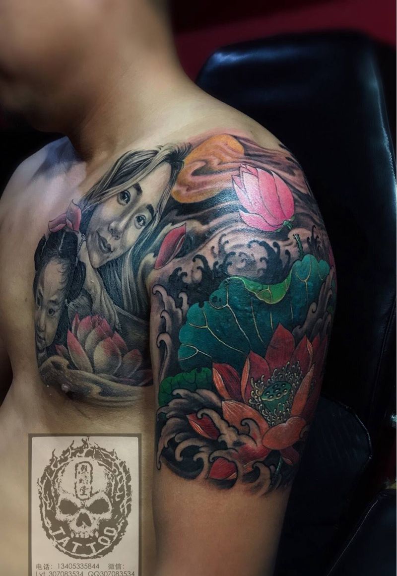 遮盖 肖像莲花纹身图片_成品手臂胸部欧美传统遮盖作品人物植物纹身图案