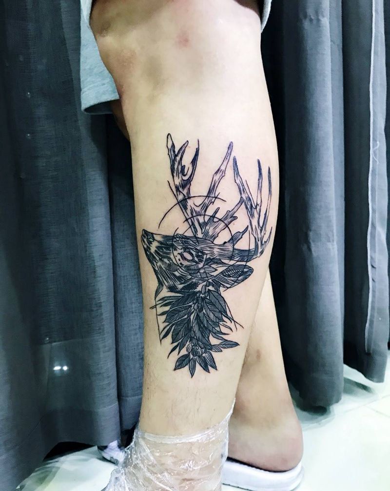 鹿纹身图片_成品腿部欧美清新动物纹身图案