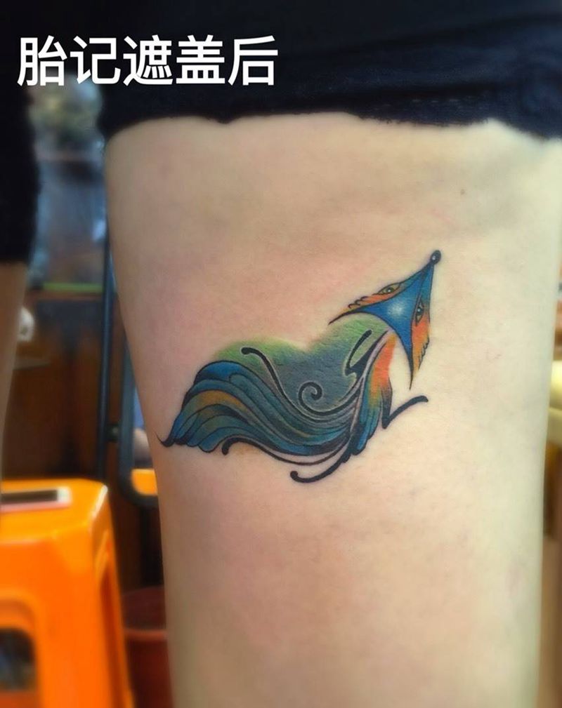 小狐狸遮盖胎记纹身图片_成品腿部传统动物纹身图案