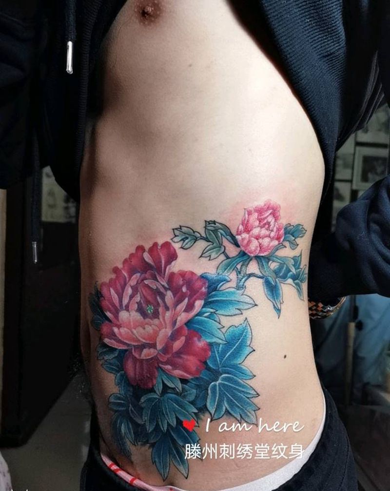 牡丹纹身图片_腹部新传统纹身图案
