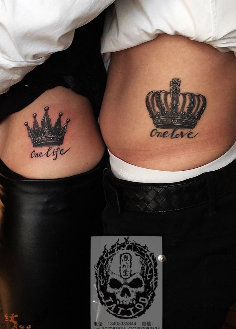 情侣皇冠纹身图片_成品腰部清新欧美写实几何情侣原创图腾纹身图案