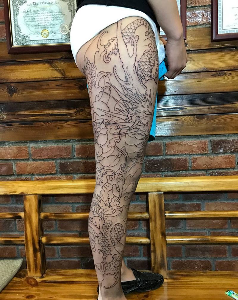 盘龙纹身图片_成品腿部传统大龙原创纹身图案