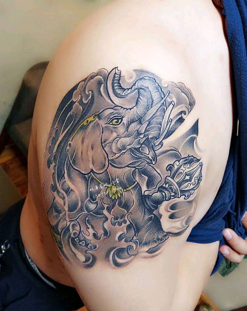 象王纹身图片_肩部老传统纹身图案