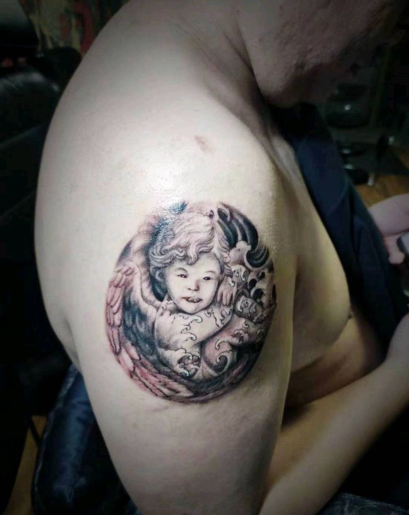 小天使纹身图片_手臂欧美写实纹身图案