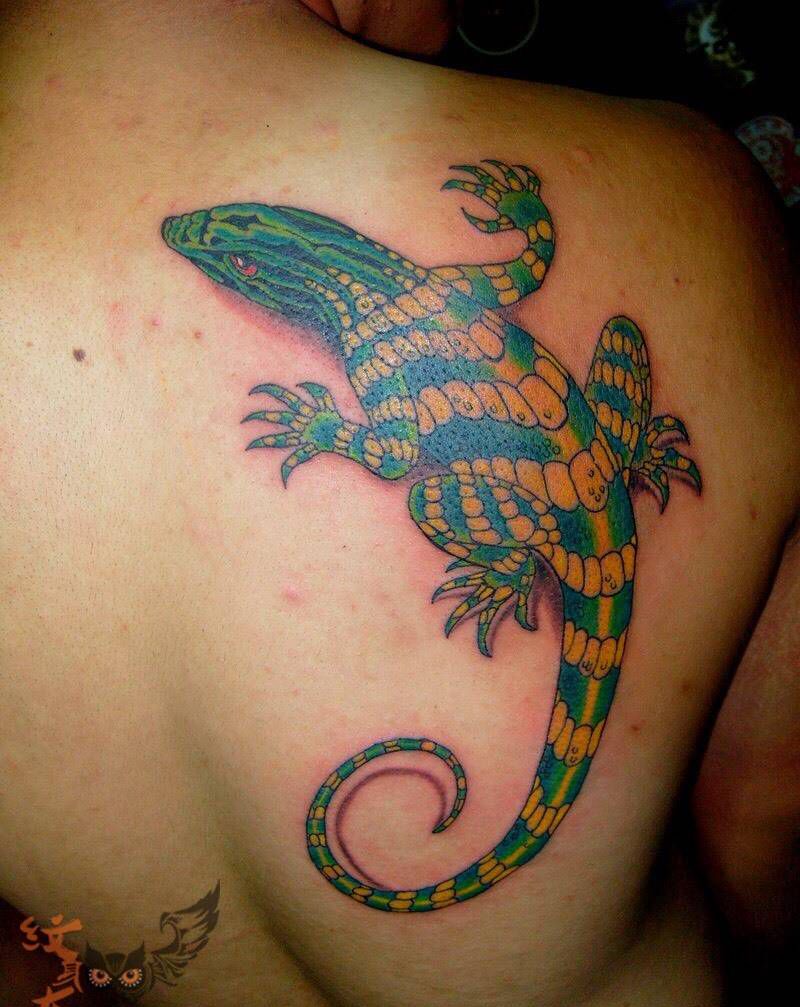 蜥蜴纹身图片_成品背部欧美动物纹身图案