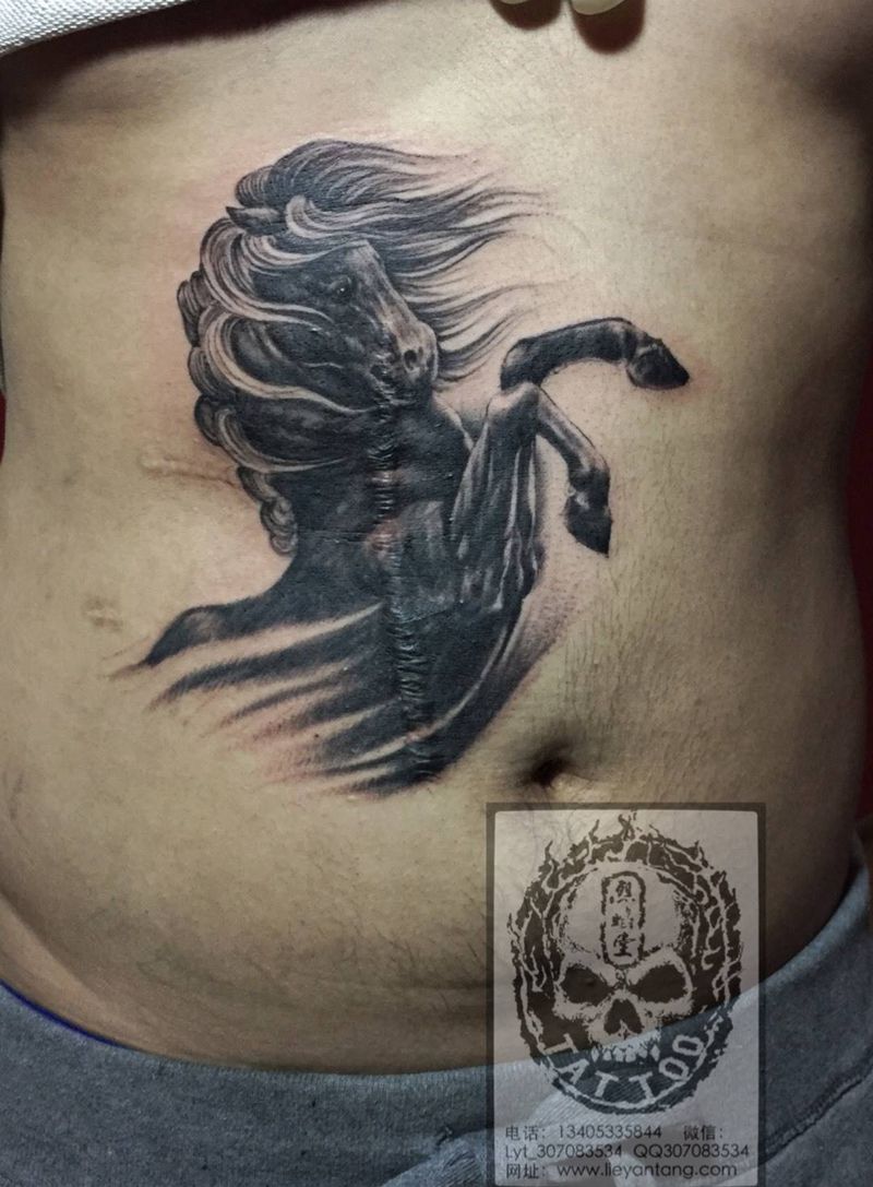 马纹身图片_欧美成品腹部原创遮盖作品纹身图案