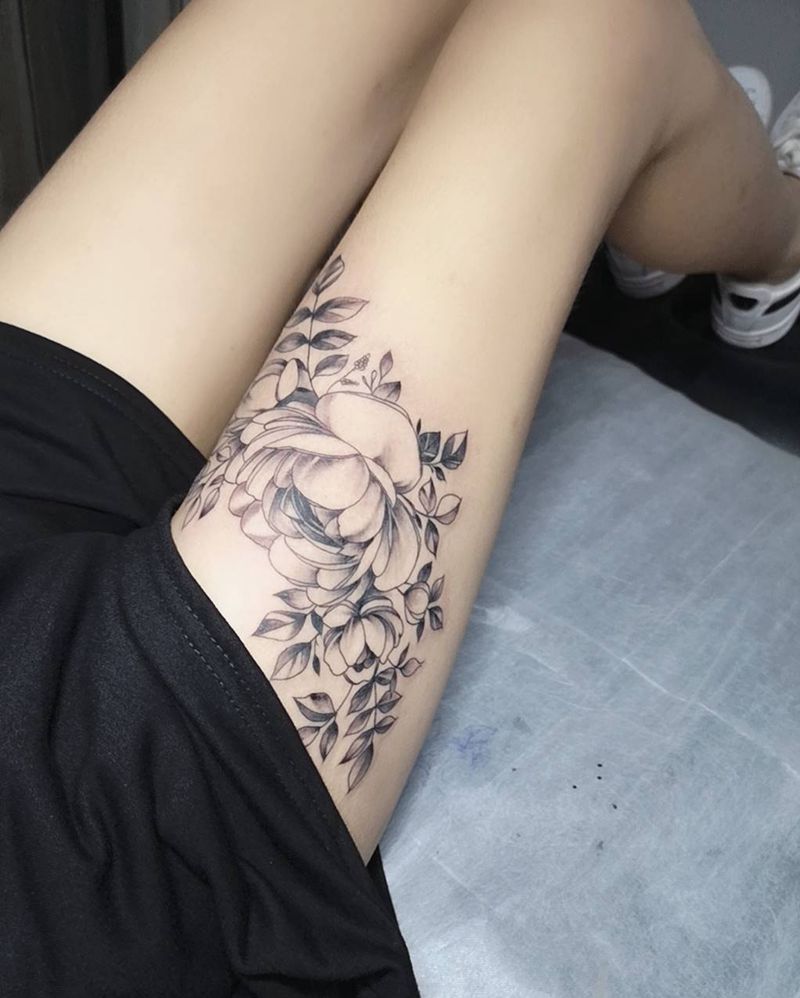 素花纹身图片_腿部纹身图案