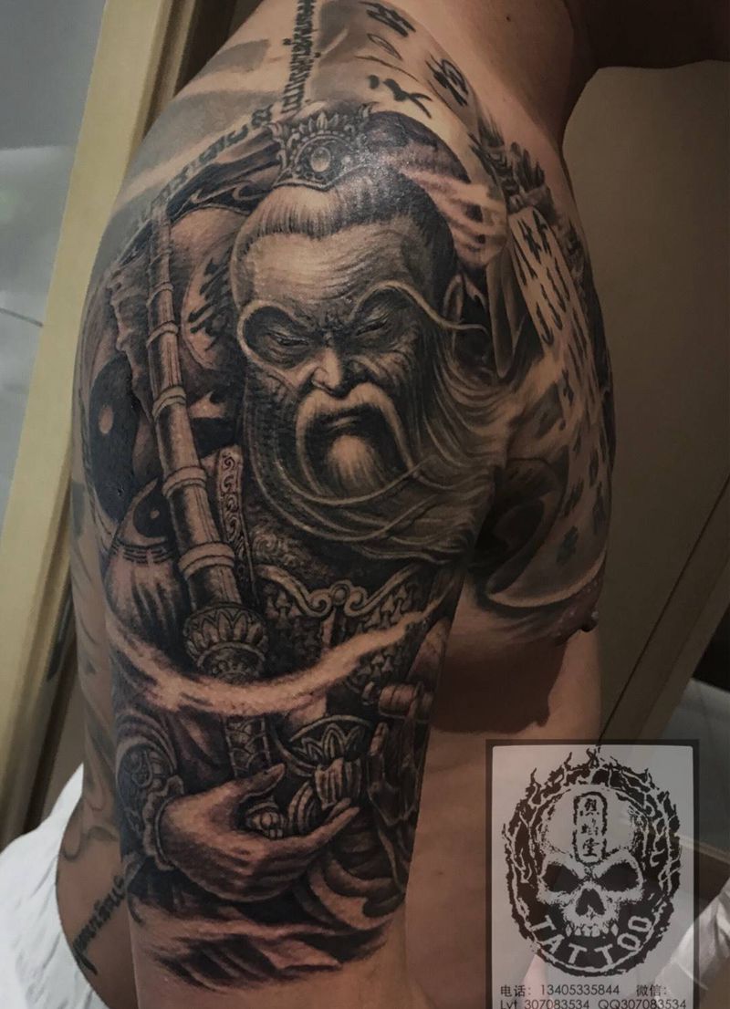 太上老君半甲纹身图片_成品胸部手臂传统人物原创纹身图案