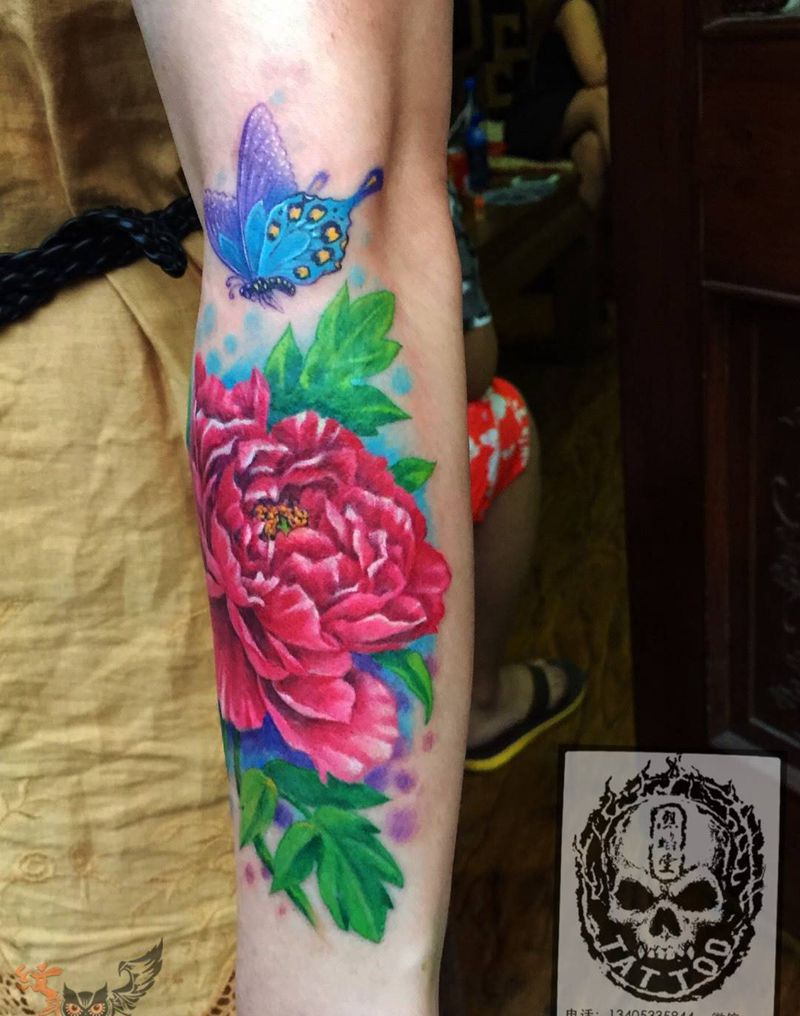 写实牡丹纹身图片_成品肩部欧美植物原创纹身图案