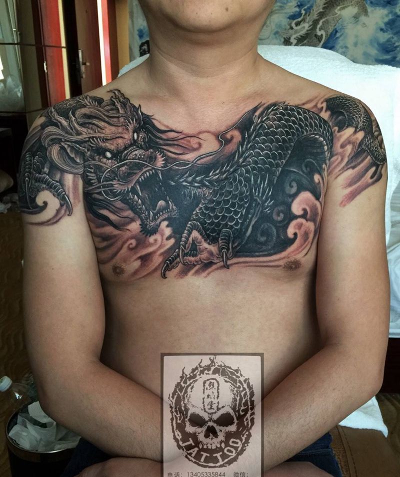 暴力遮盖龙纹身图片_成品胸部背部传统动物原创神兽遮盖作品纹身图案