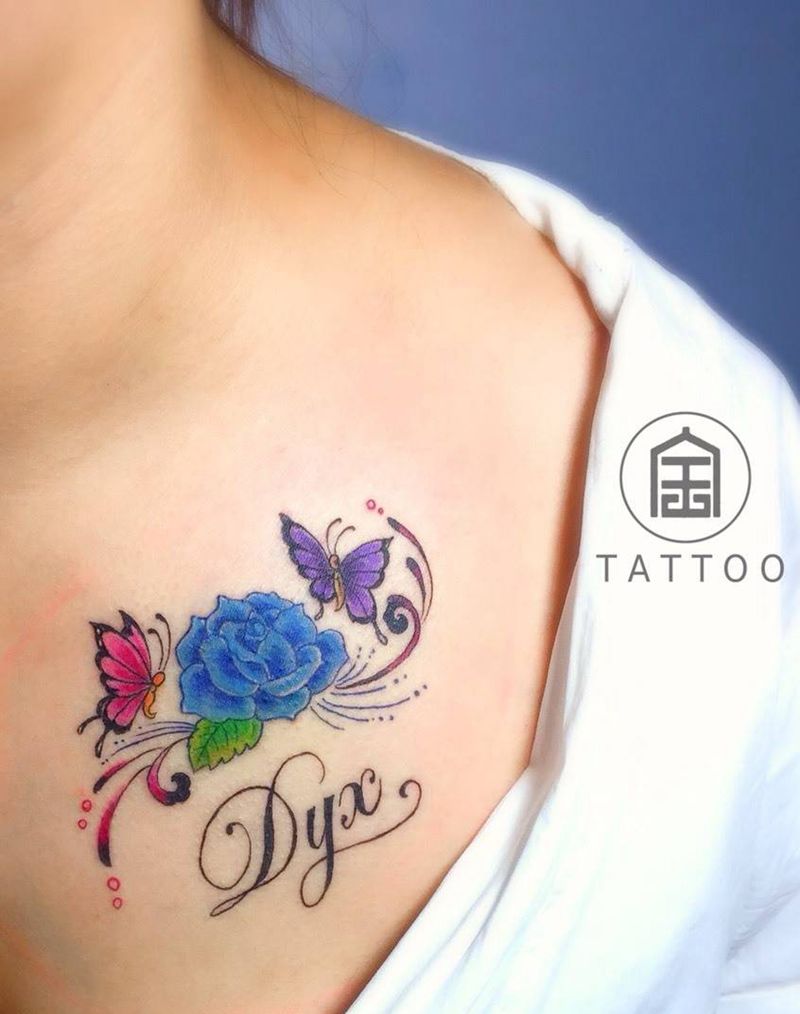 玫瑰花蝴蝶纹身图片_胸部成品传统清新植物玫瑰花纹身图案