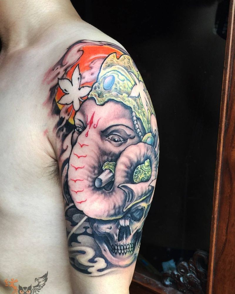 象神纹身图片_肩部传统原创神兽纹身图案