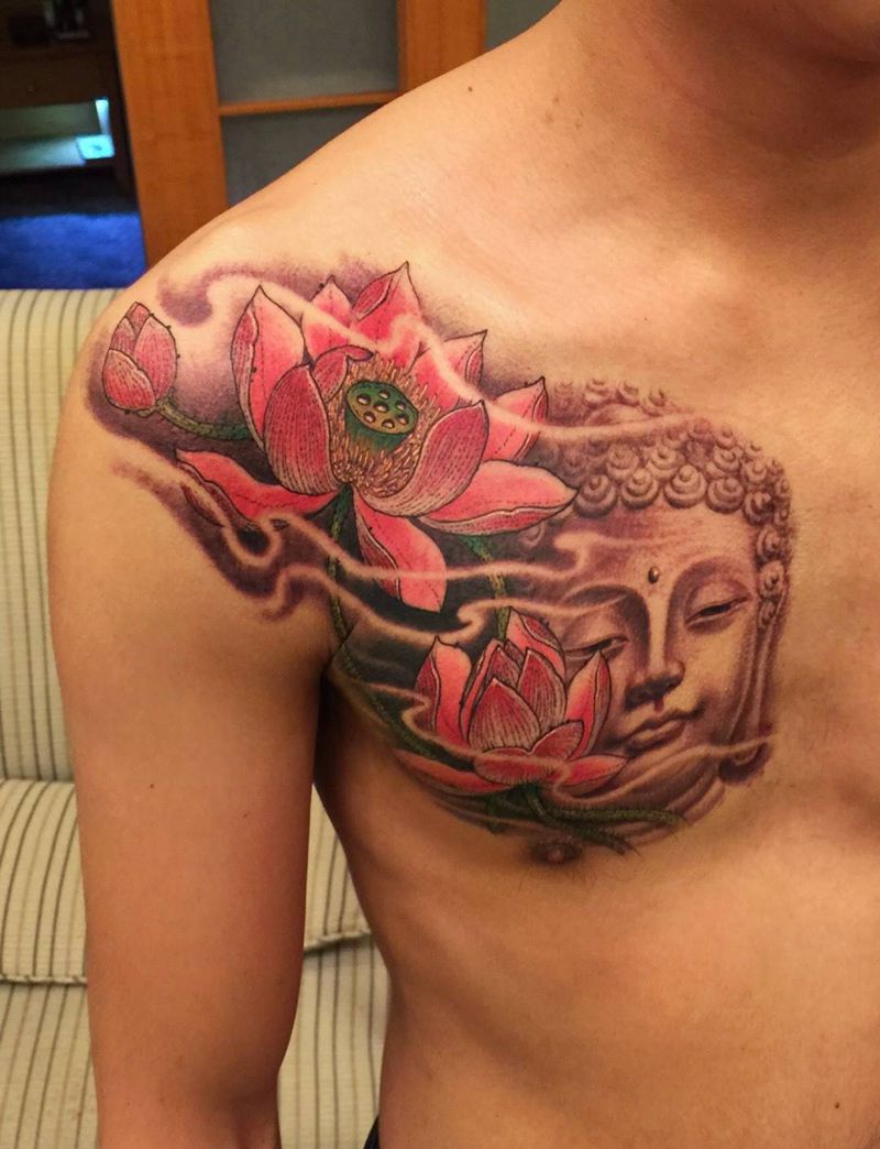 佛与莲纹身图片_成品胸部传统原创鬼神宗教人物纹身图案