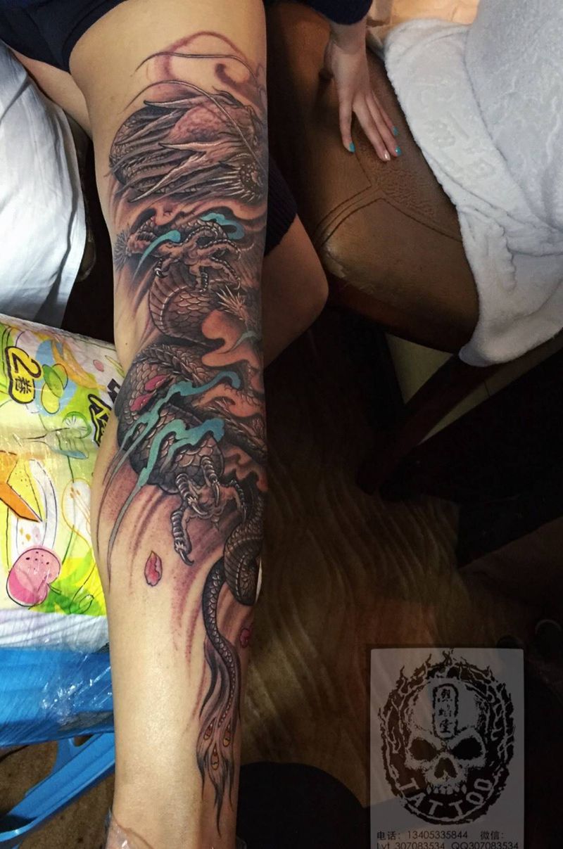 花腿龙纹身图片_成品腿部传统动物原创神兽纹身图案