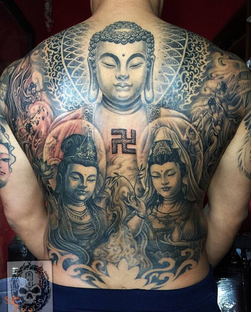 西方三圣纹身图片_成品背部传统欧美肖像写实人物宗教鬼神原创纹身图案