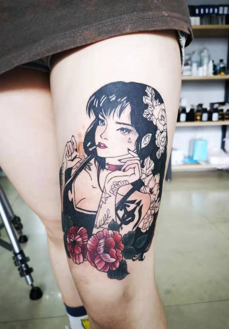 胎记遮盖纹身图片_腿部欧美写实纹身图案