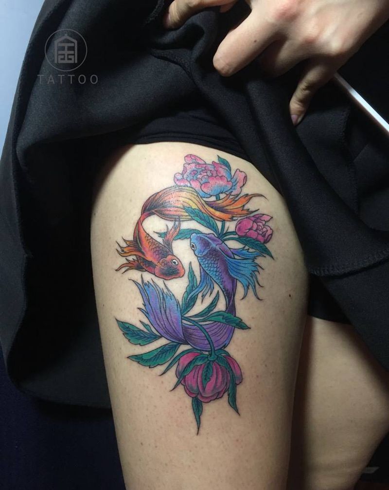 双鱼纹身图片_成品腿部传统欧美鲤鱼清新纹身图案