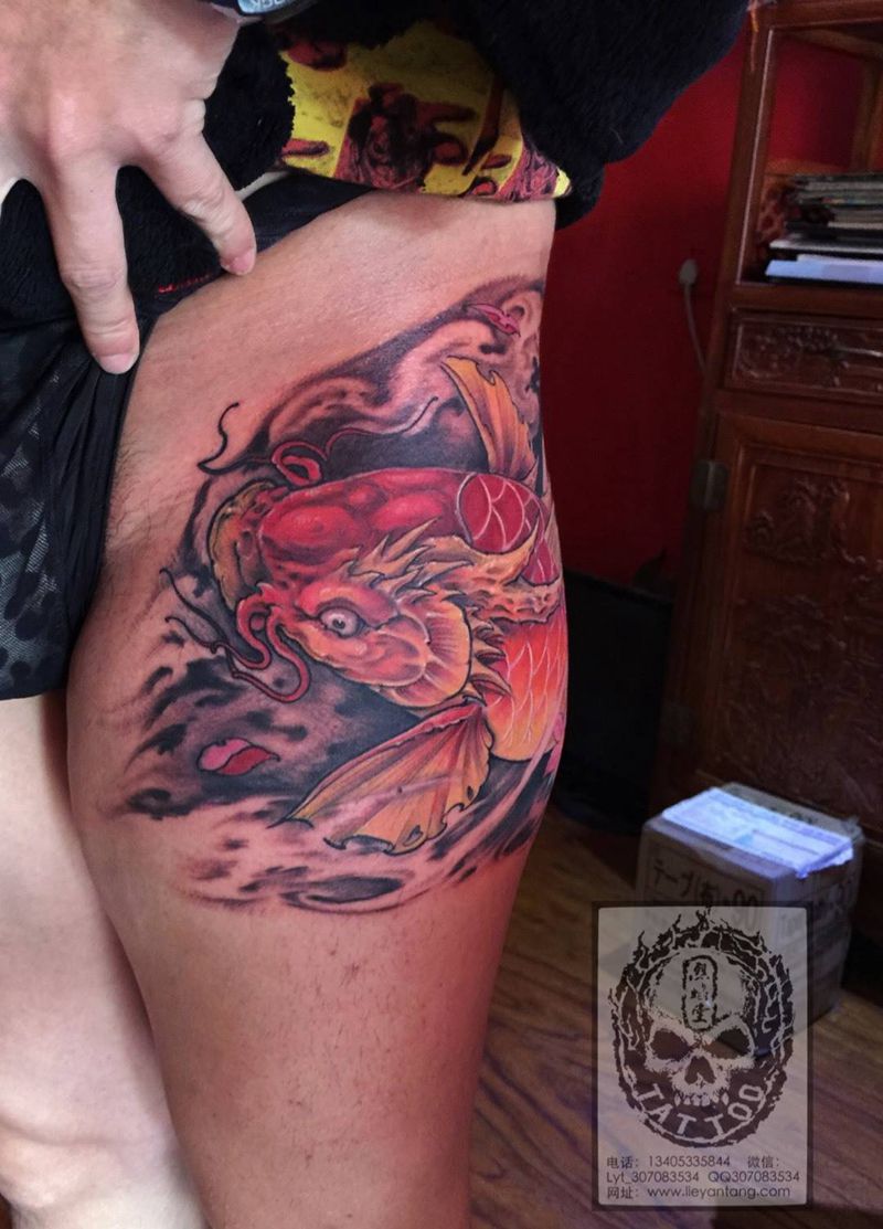 招财龙鲤纹身图片_成品腿部传统动物原创神兽纹身图案
