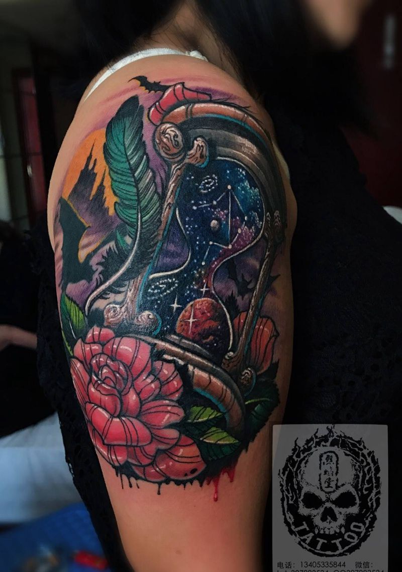 沙漏纹身图片_成品肩部欧美修改纹身图案