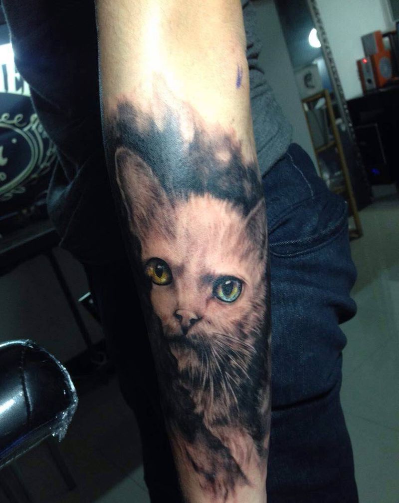 猫纹身图片_成品肩部欧美动物纹身图案