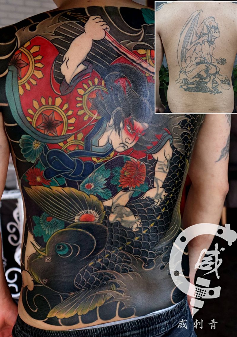 鬼若丸杀鲤纹身图片_背部老传统鬼若丸杀鲤纹身图案
