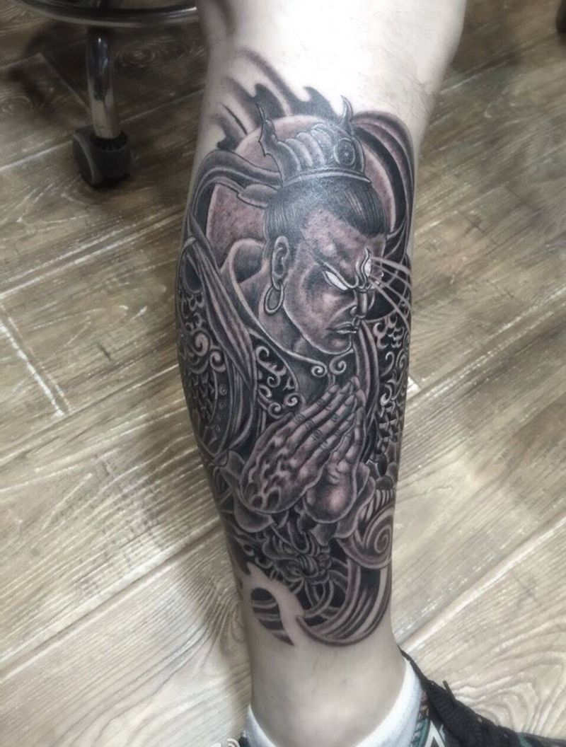 二郎真君纹身图片_成品腿部传统宗教人物纹身图案