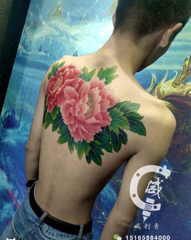 牡丹纹身图片_新传统水墨牡丹纹身图案